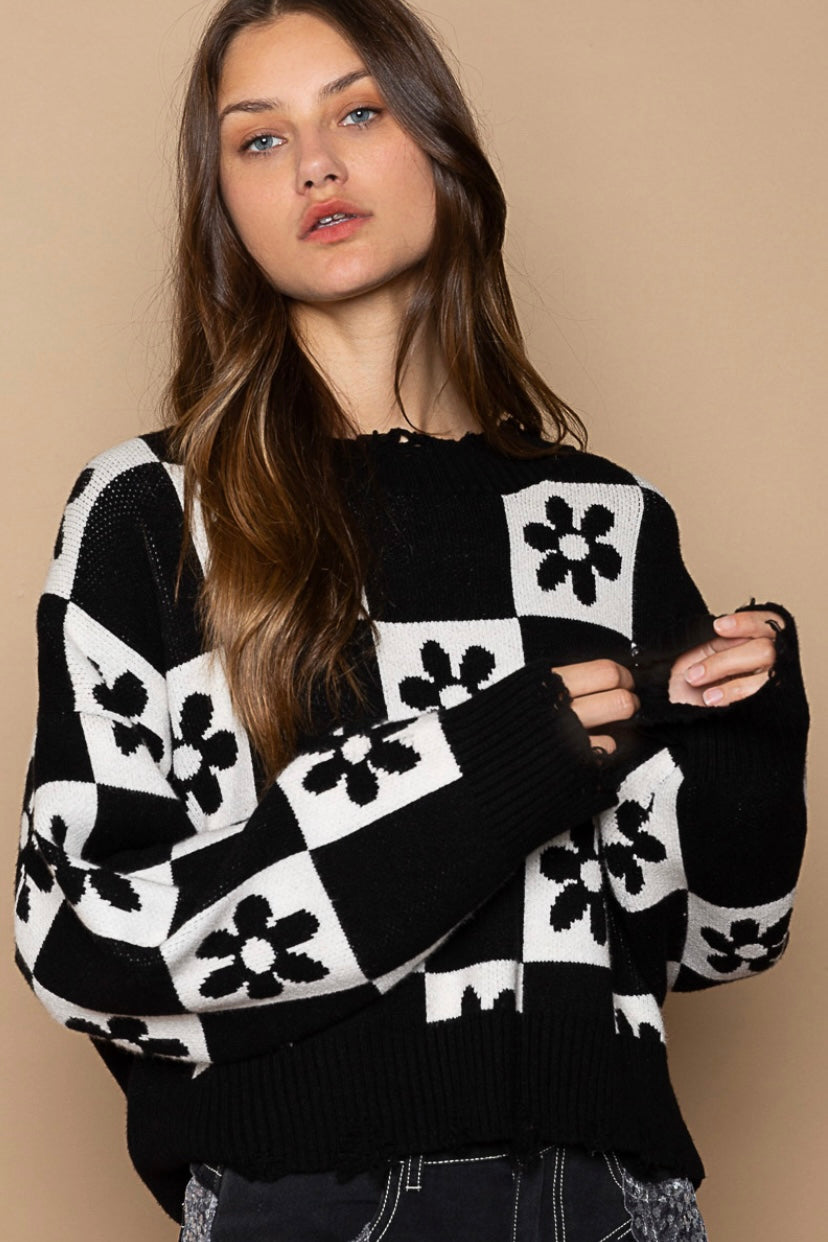 Box of Daisies Checkerboard Pattern Flower Cropped Sweater