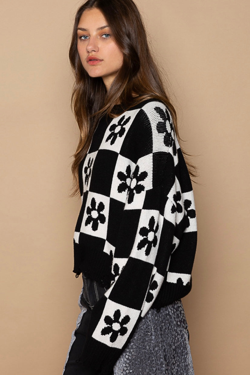 Box of Daisies Checkerboard Pattern Flower Cropped Sweater