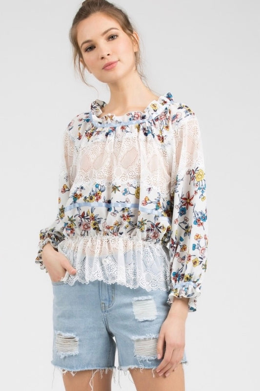 May Flowers Floral + Lace Peplum Top