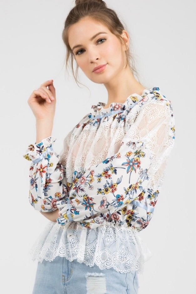 May Flowers Floral + Lace Peplum Top