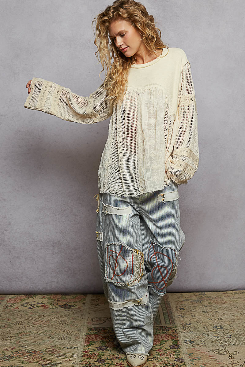 Lace Me Later Mesh Balloon Sleeve Blouse
