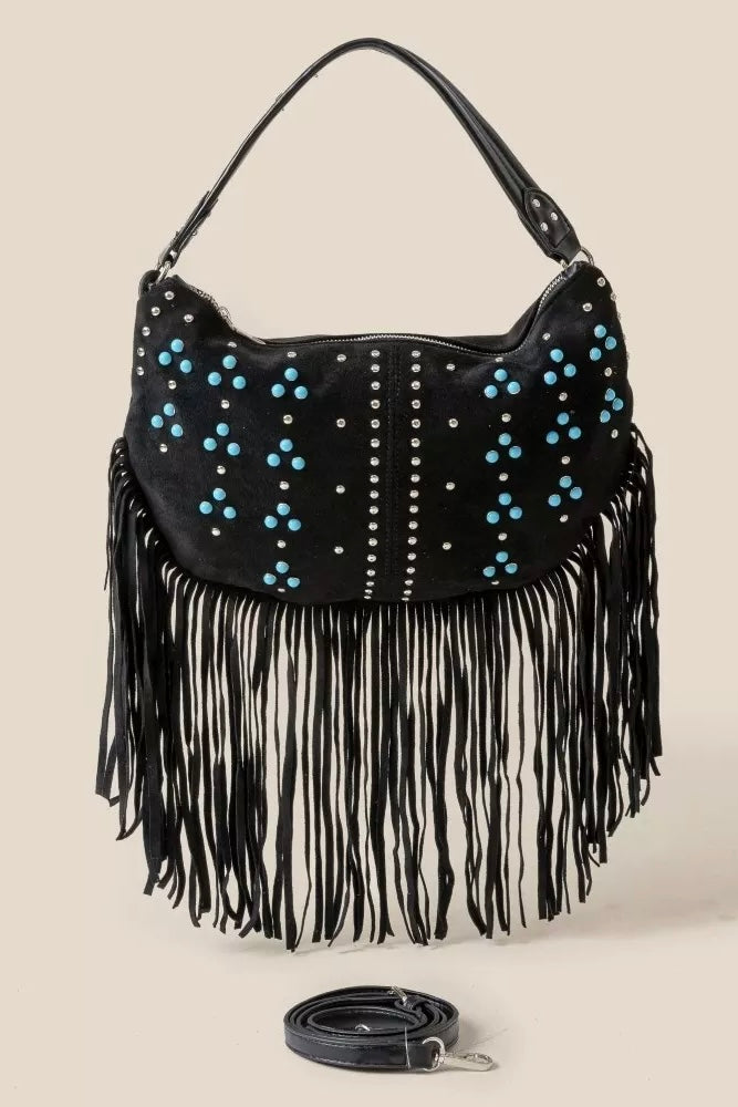Black Vegan Leather Hobo Bag with Turquoise Studs and Fringe
