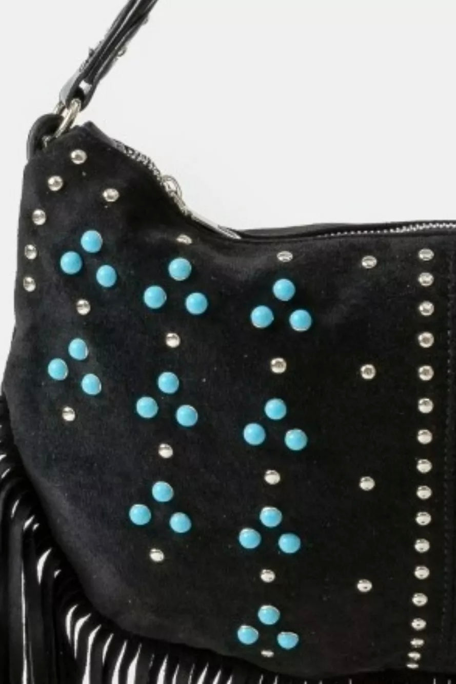 Black Vegan Leather Hobo Bag with Turquoise Studs and Fringe