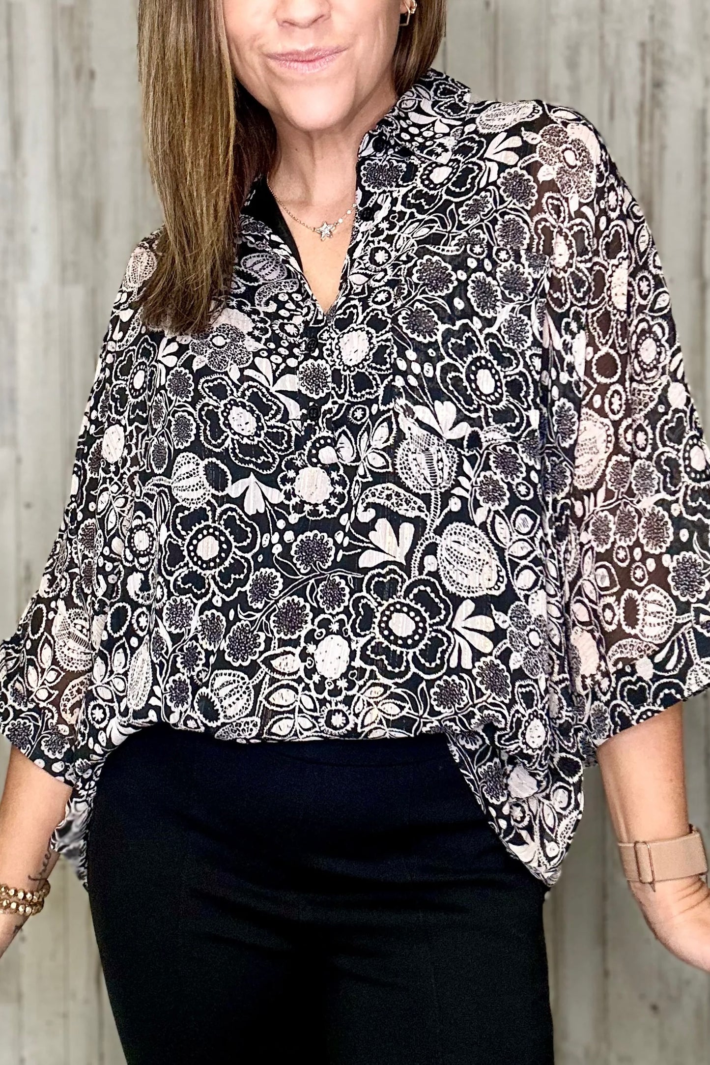 Night Shade Retro Floral Print Top with Shimmery Lurex Accent (Small to 3XL)