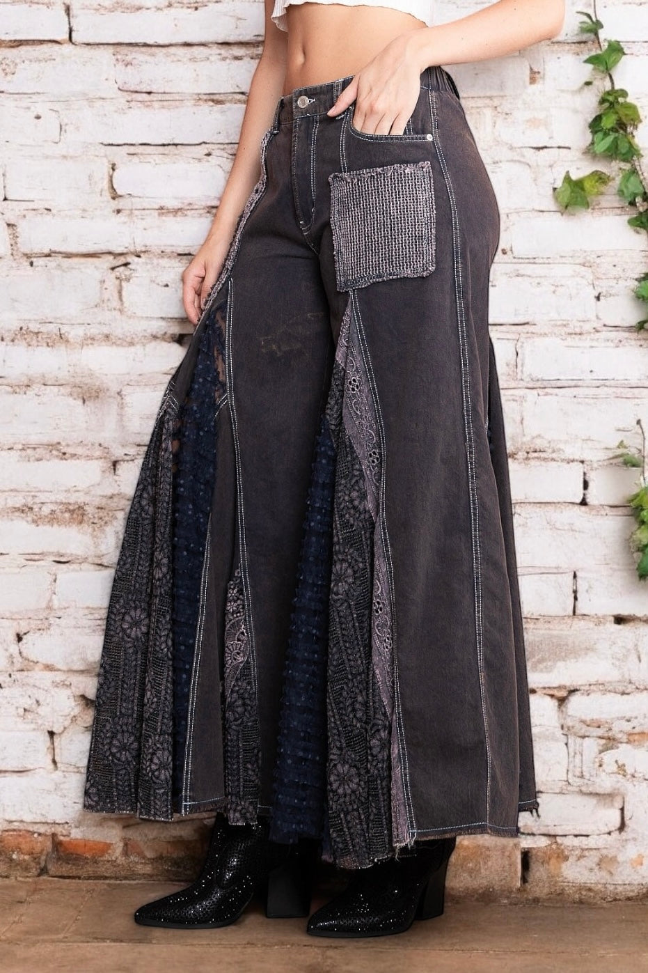 Great Escape Lace Pieced Exaggerated Wide Leg Pants (2 Colors)