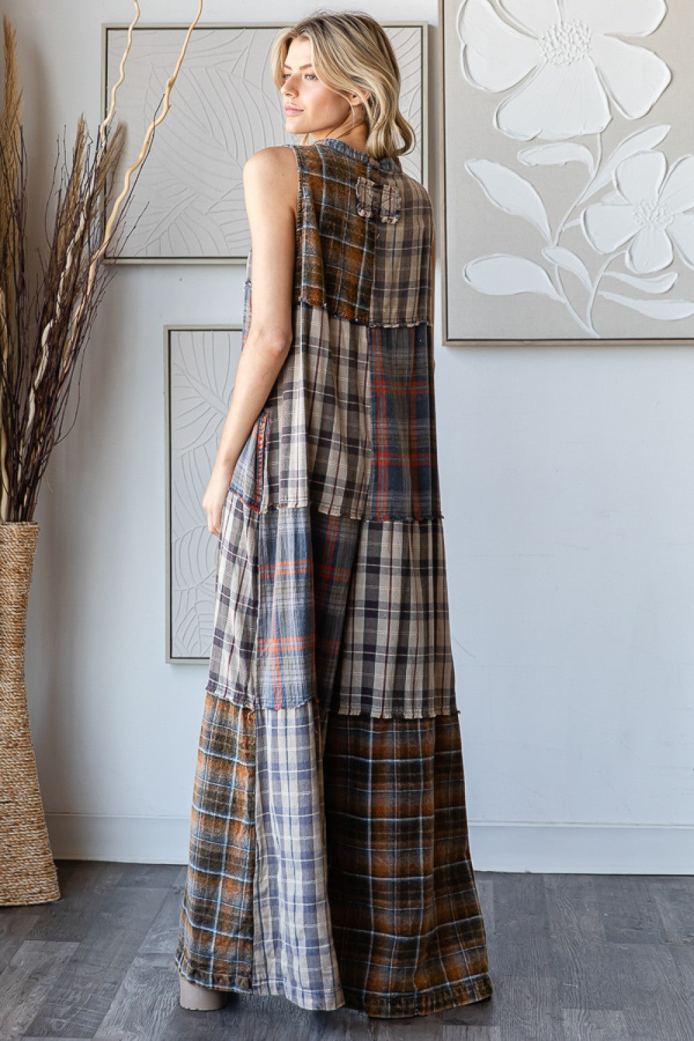 Bop Around Washed Plaid Wide Leg Flannel Jumpsuit