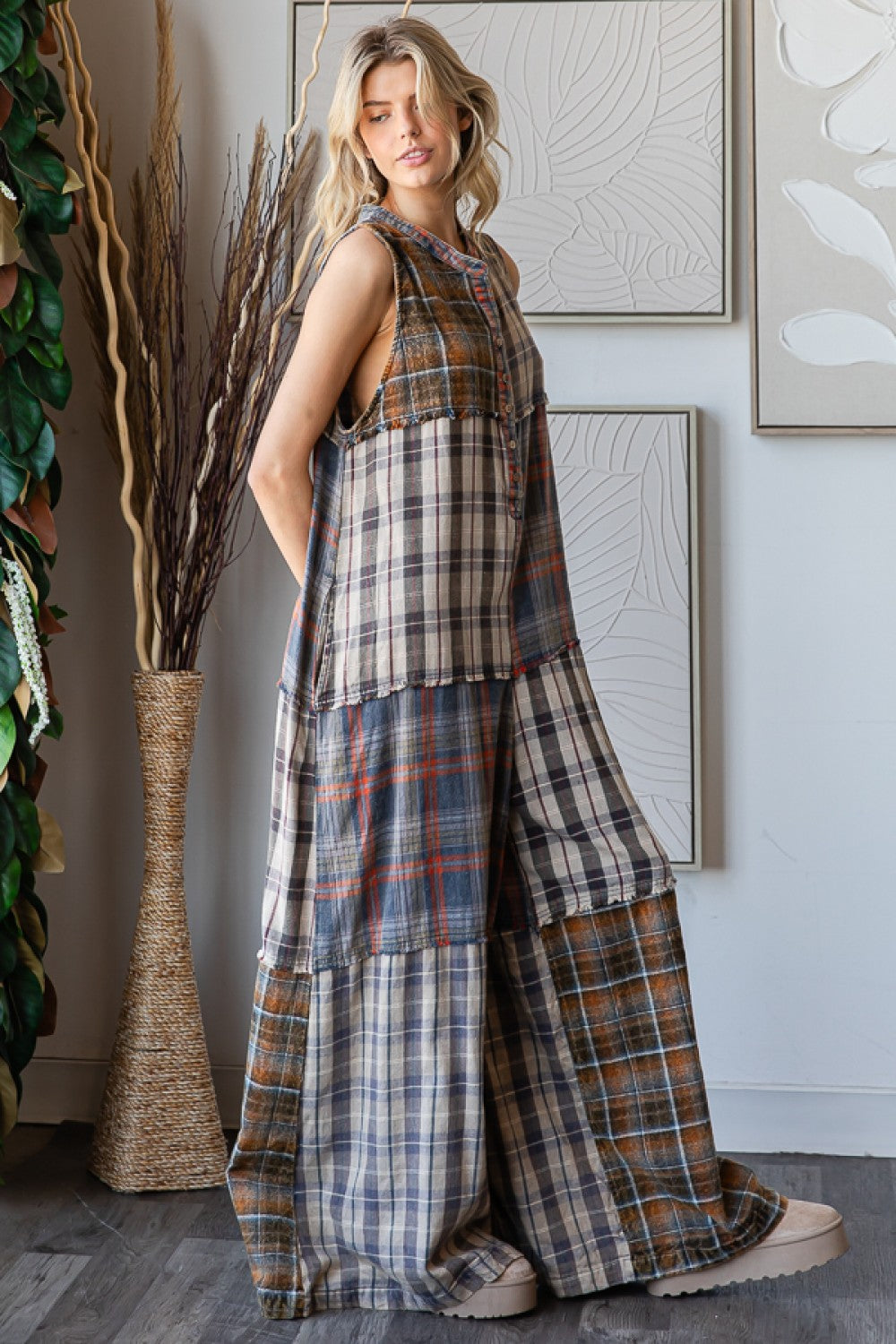 Bop Around Washed Plaid Wide Leg Flannel Jumpsuit