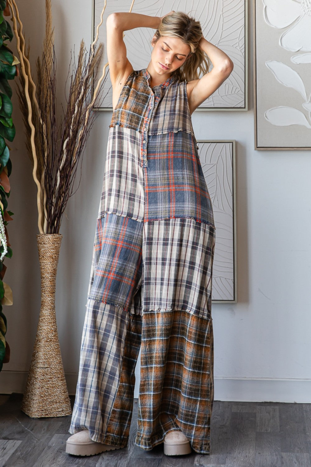 Bop Around Washed Plaid Wide Leg Flannel Jumpsuit