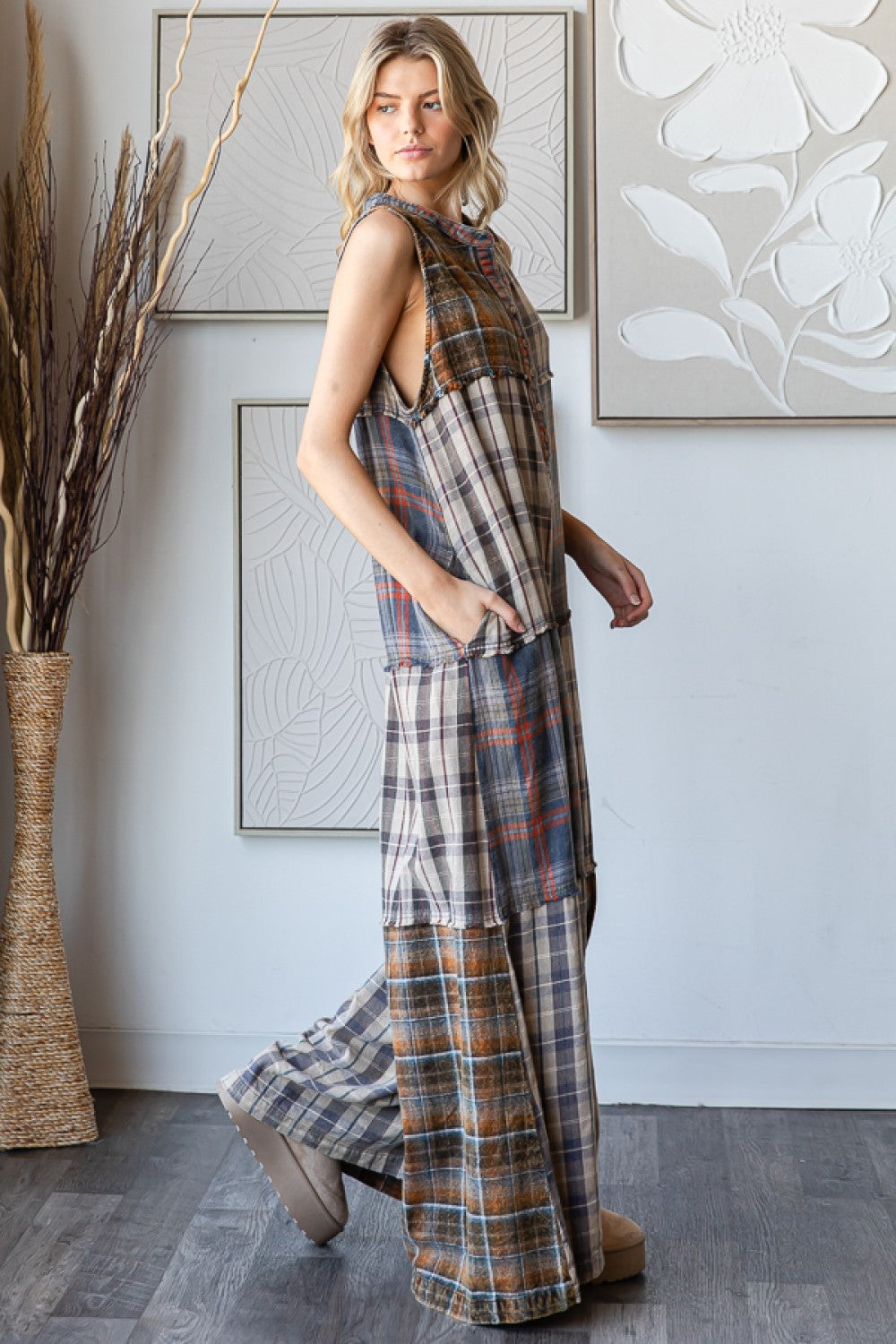 Bop Around Washed Plaid Wide Leg Flannel Jumpsuit