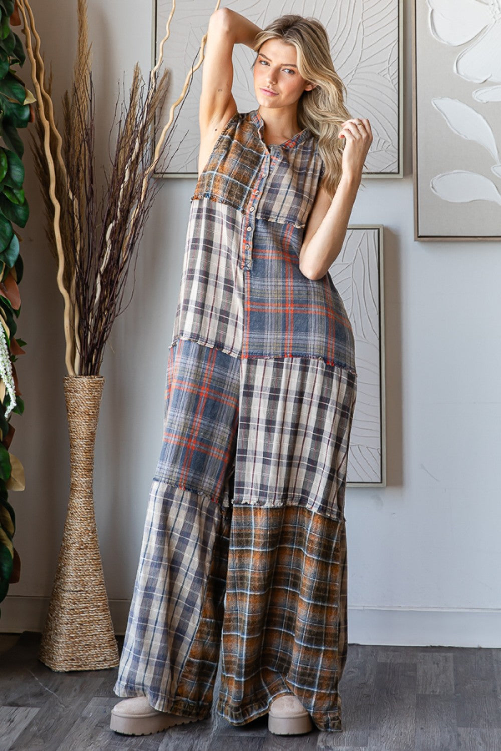 Bop Around Washed Plaid Wide Leg Flannel Jumpsuit