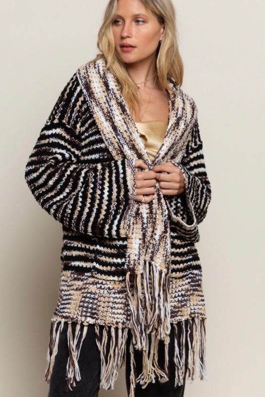Wintered Woods Neutral Striped Cardigan with Tassel Fringe