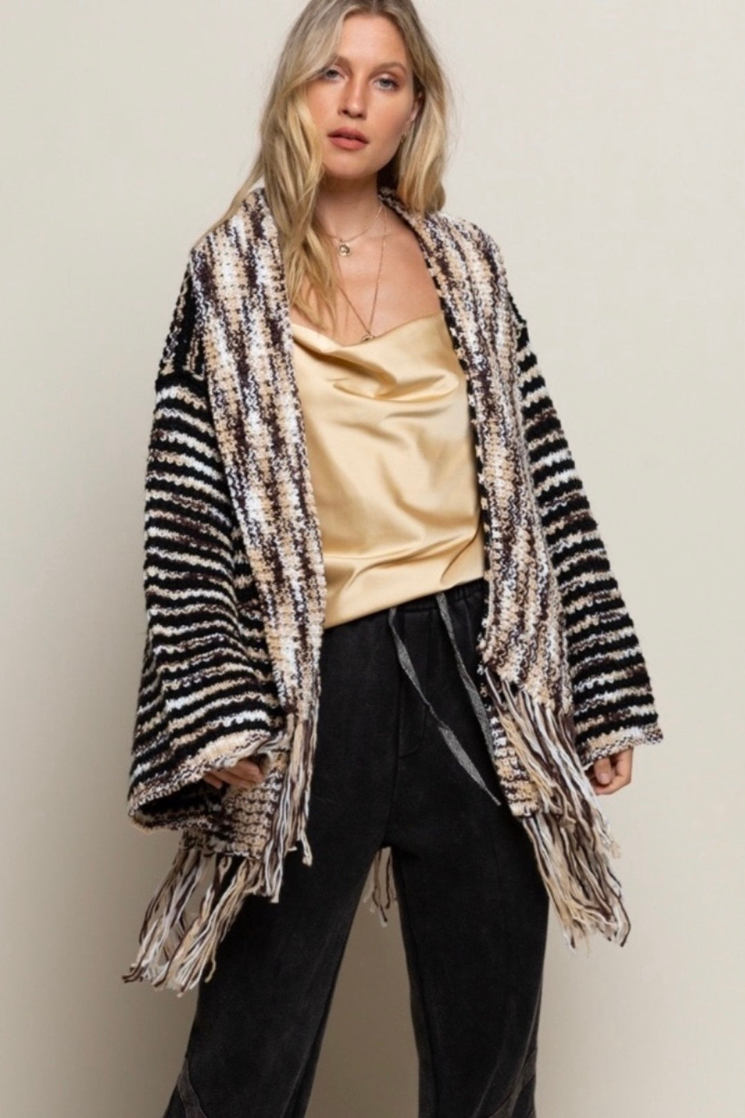 Wintered Woods Neutral Striped Cardigan with Tassel Fringe