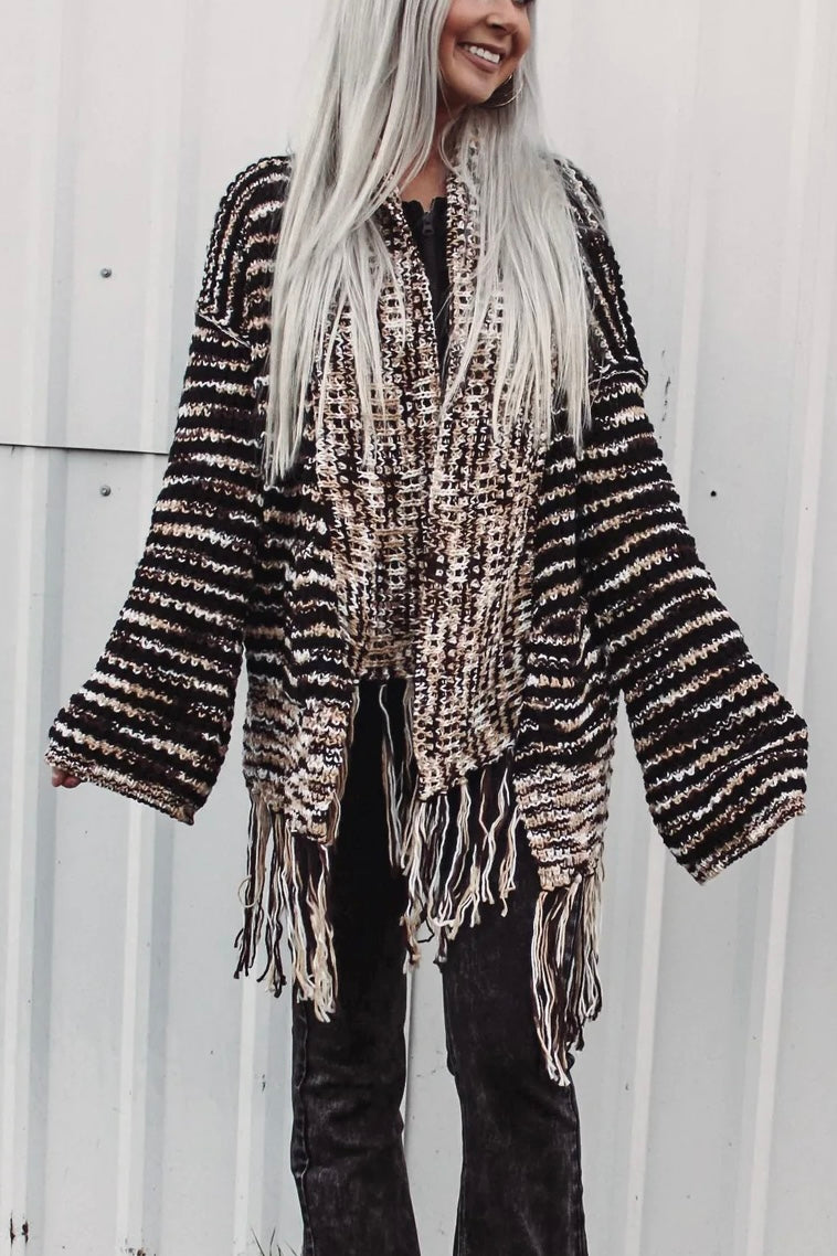 Wintered Woods Neutral Striped Cardigan with Tassel Fringe