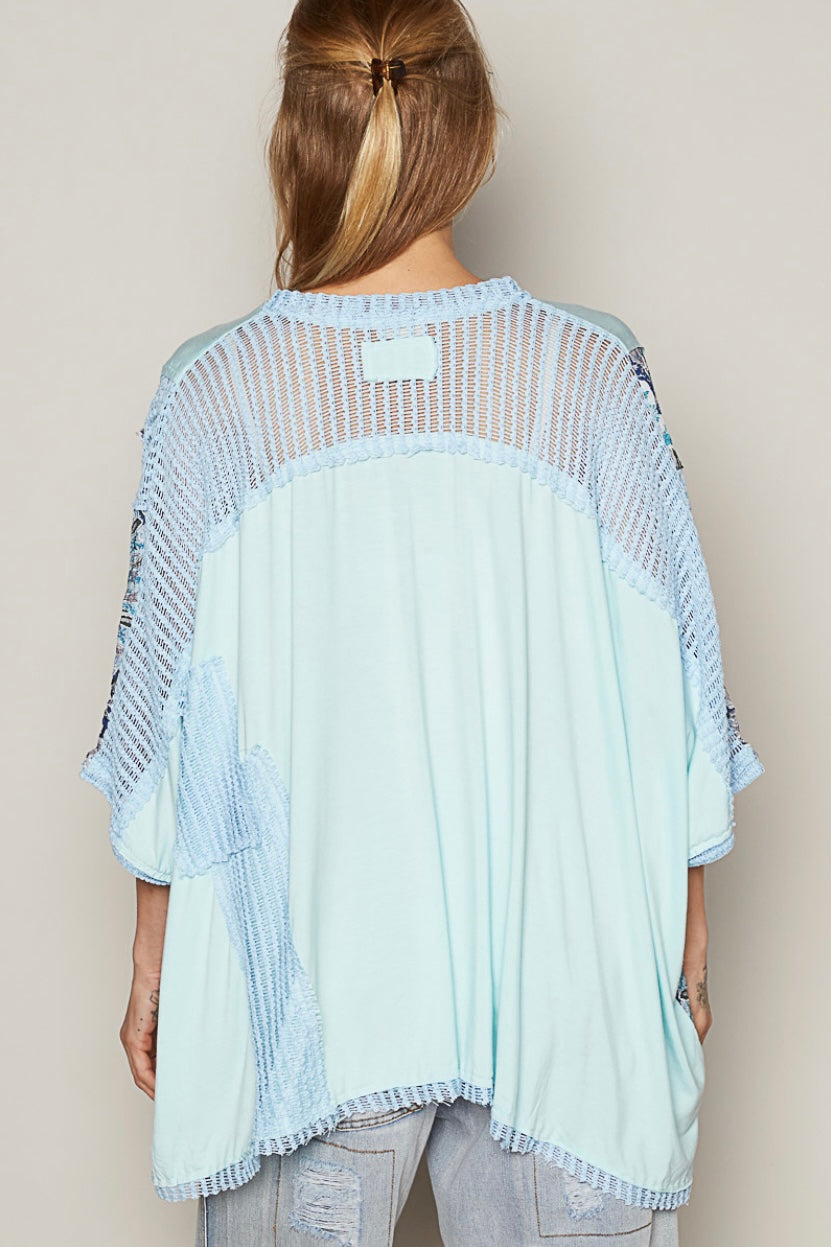 Biscayne Breeze Boho Print + Sheer Knit V Neck Rayon Jersey Top