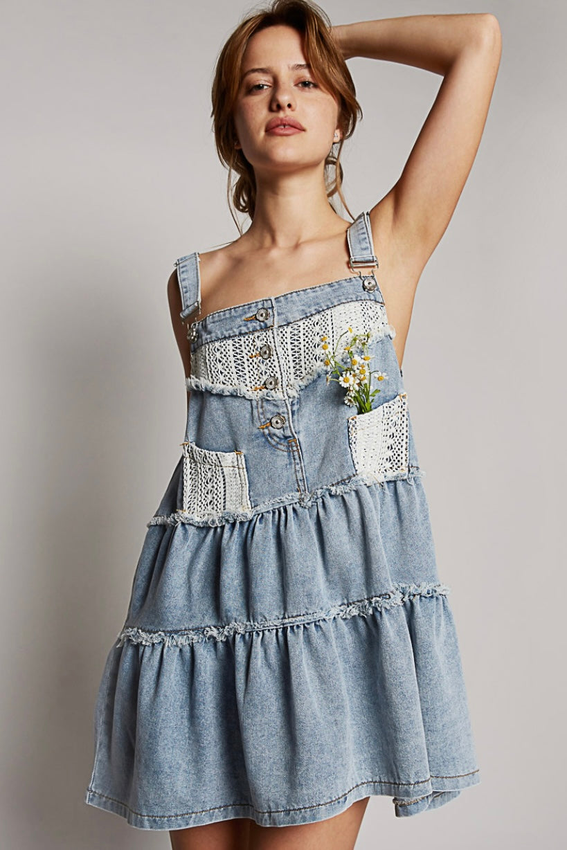 Dream On Denim + Crochet Tiered Overall Mini Dress