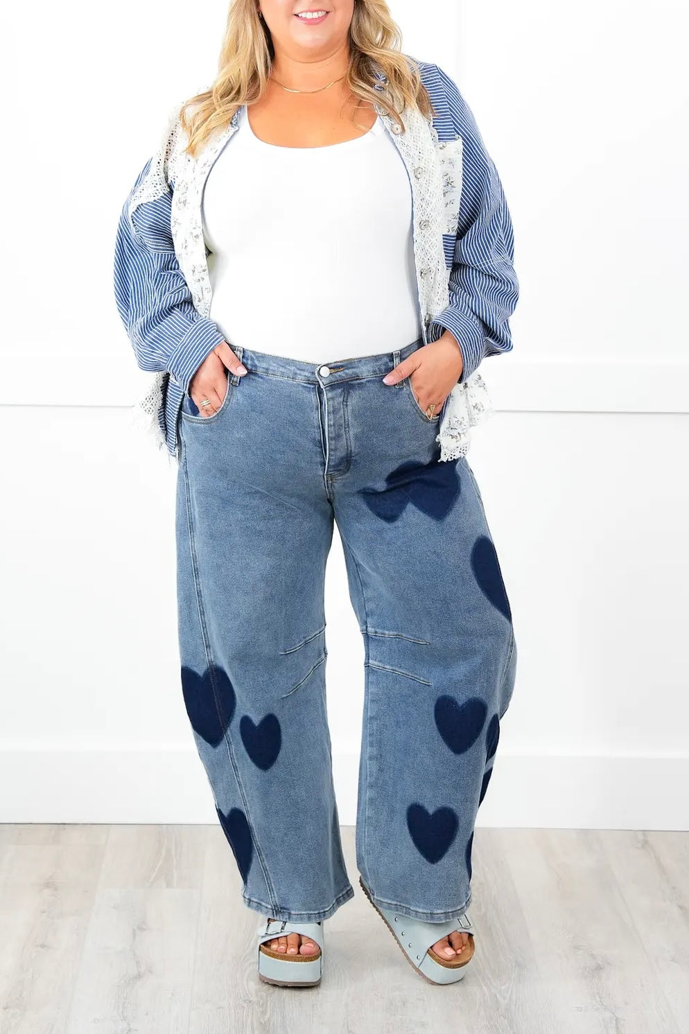 Going Steady Heart Stamped Barrel Jeans