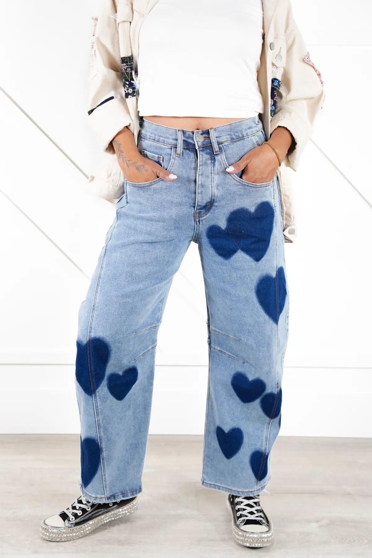 Going Steady Heart Stamped Barrel Jeans