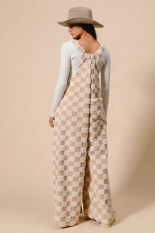 Cuddled ‘N Cozy Checker Patterned Wide Leg SHERPA Overalls