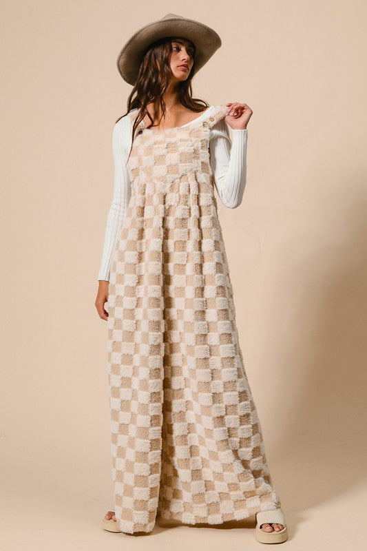 Cuddled ‘N Cozy Checker Patterned Wide Leg SHERPA Overalls