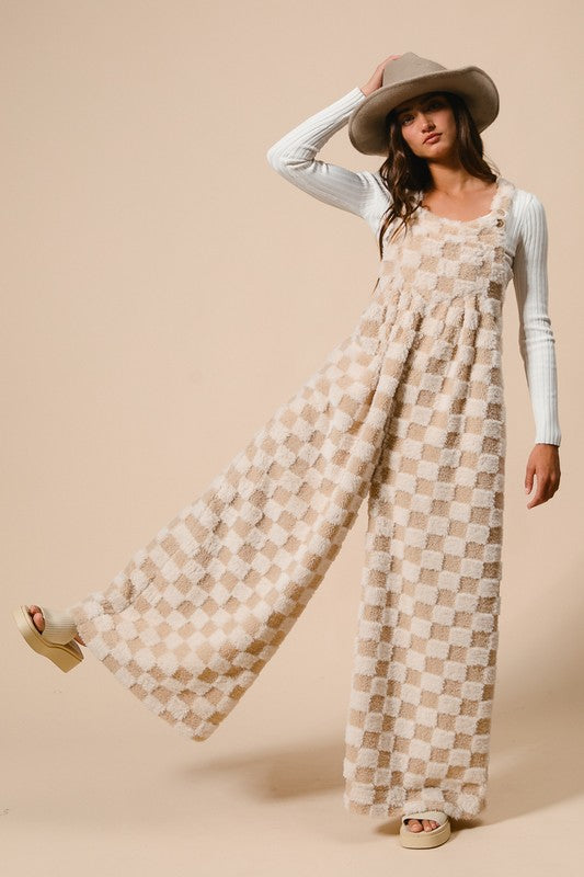 Cuddled ‘N Cozy Checker Patterned Wide Leg SHERPA Overalls