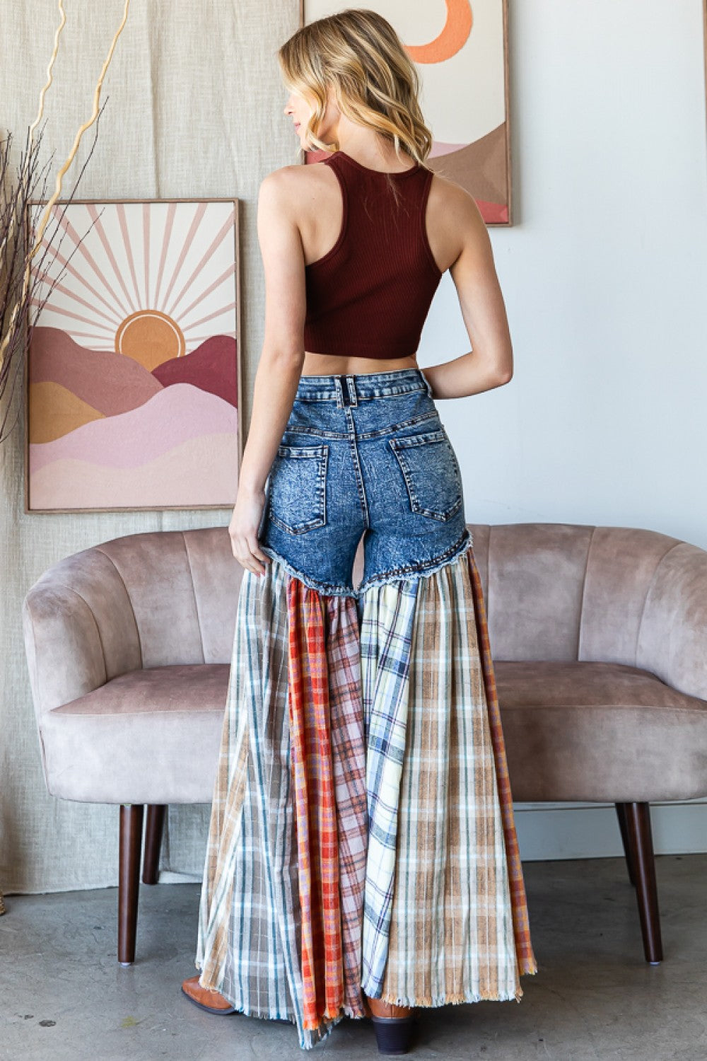 Nashville Party Washed Plaid Patchwork Super Flares PREORDER