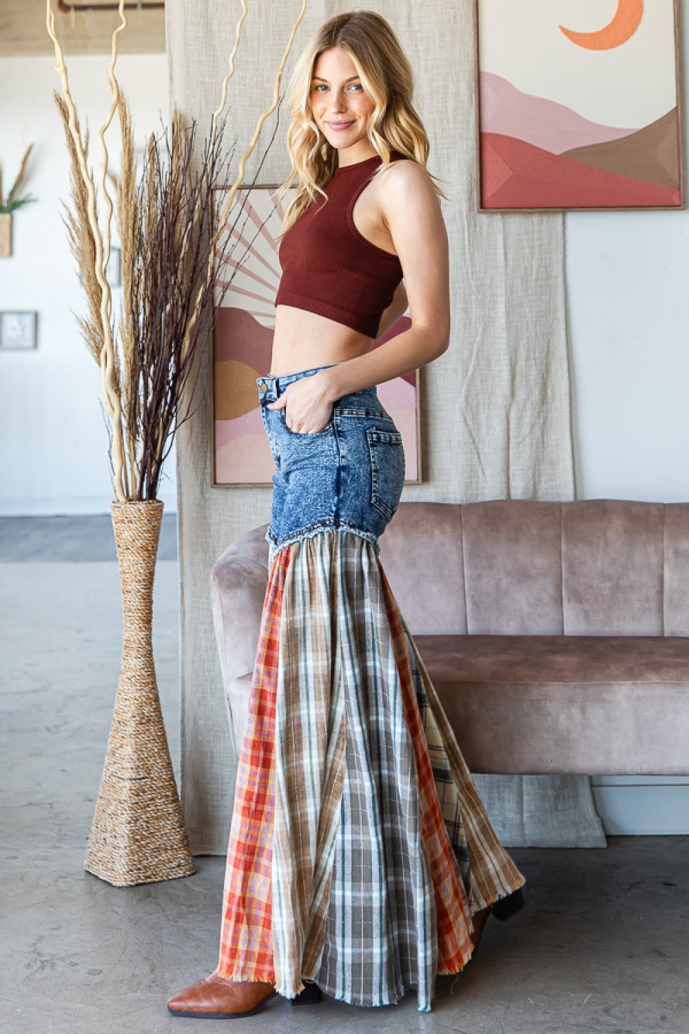 Nashville Party Washed Plaid Patchwork Super Flares PREORDER