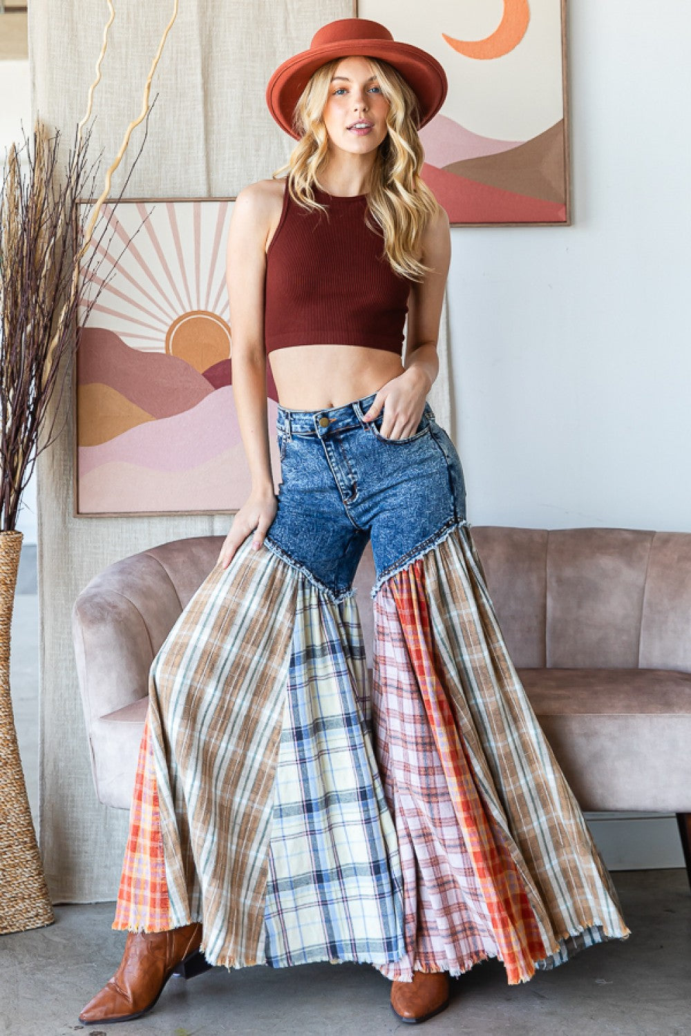 Nashville Party Washed Plaid Patchwork Super Flares PREORDER