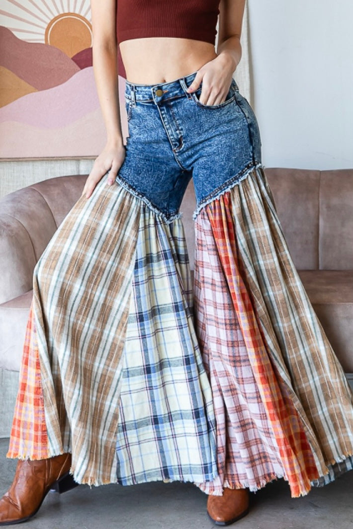 Nashville Party Washed Plaid Patchwork Super Flares PREORDER