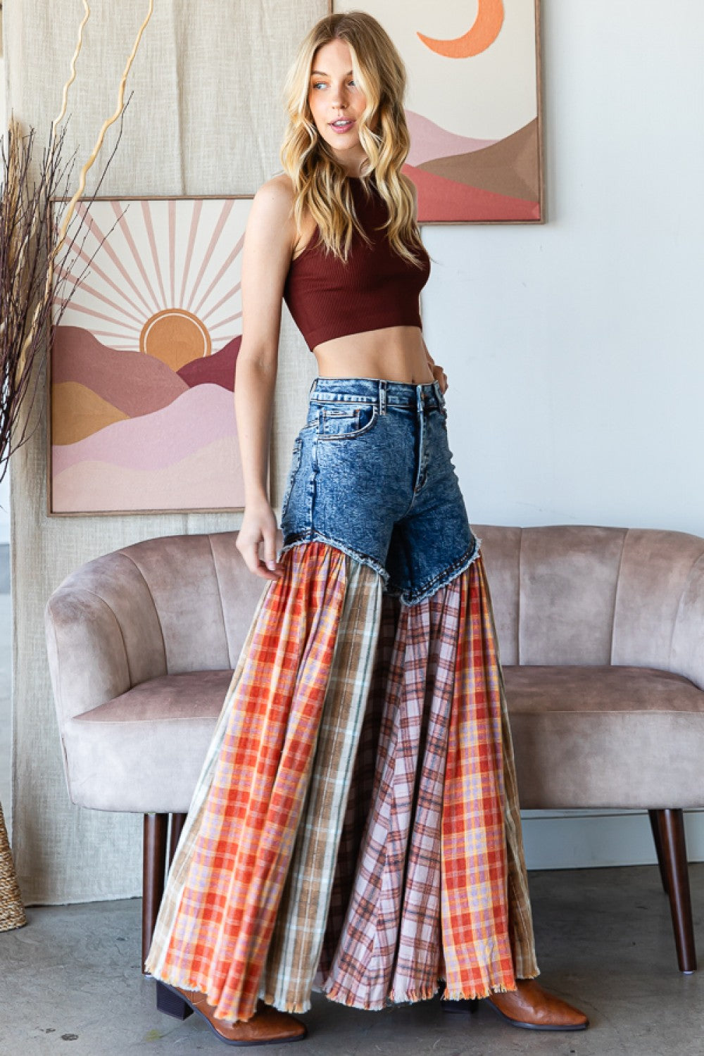 Nashville Party Washed Plaid Patchwork Super Flares PREORDER