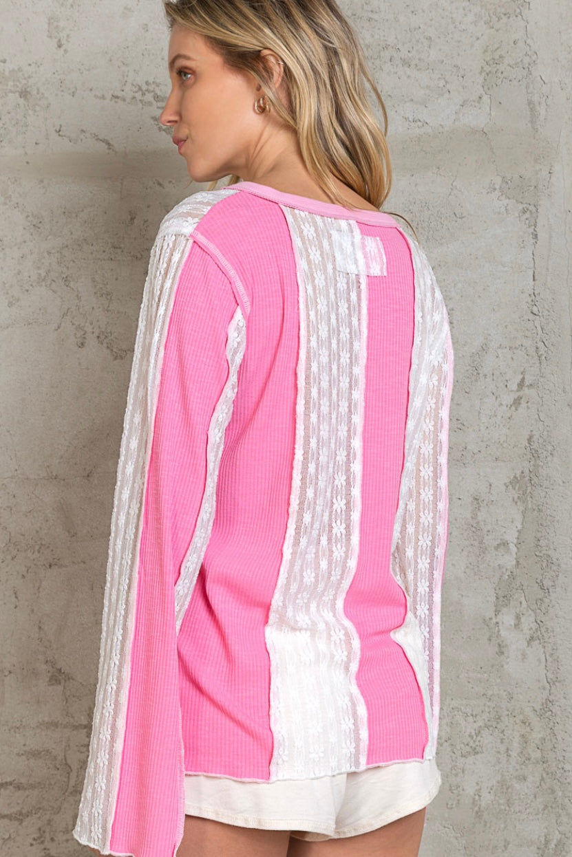 Pretty Girl Era Pink Rib Knit + Lace Half Button Henley Top