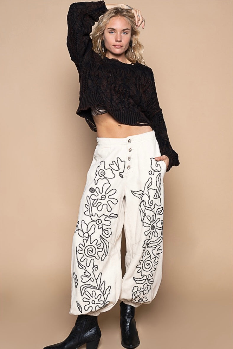 Main Character Soutache Embroidered Flower Doodle Denim Joggers