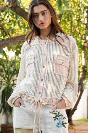 The Sandbar Open Knit Button Down Cropped Hoodie Top