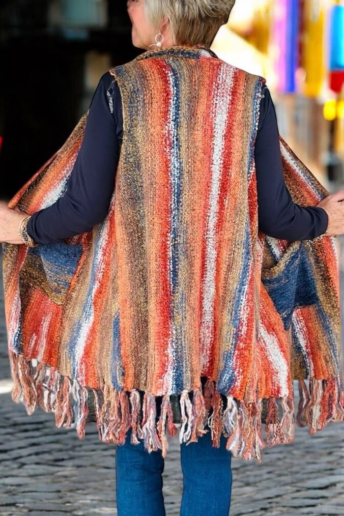 Indio Color Blend Sweater Long Vest With Fringe