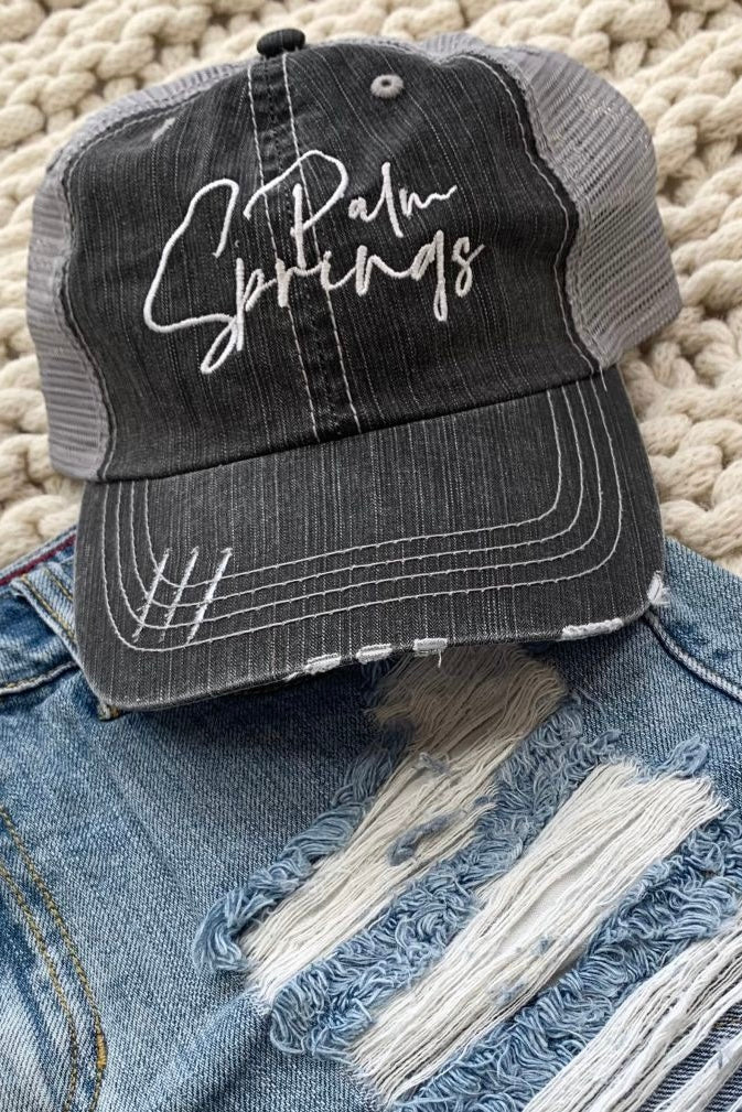 Palm Springs Embroidered Distressed Trucker Hat