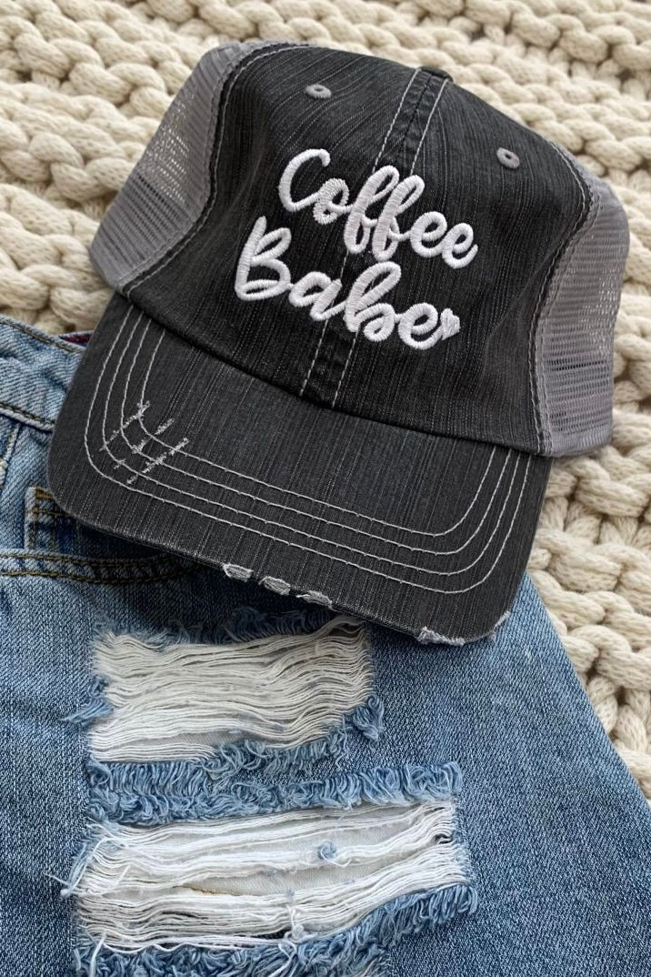 Coffee Babe Embroidered Distressed Trucker Hat