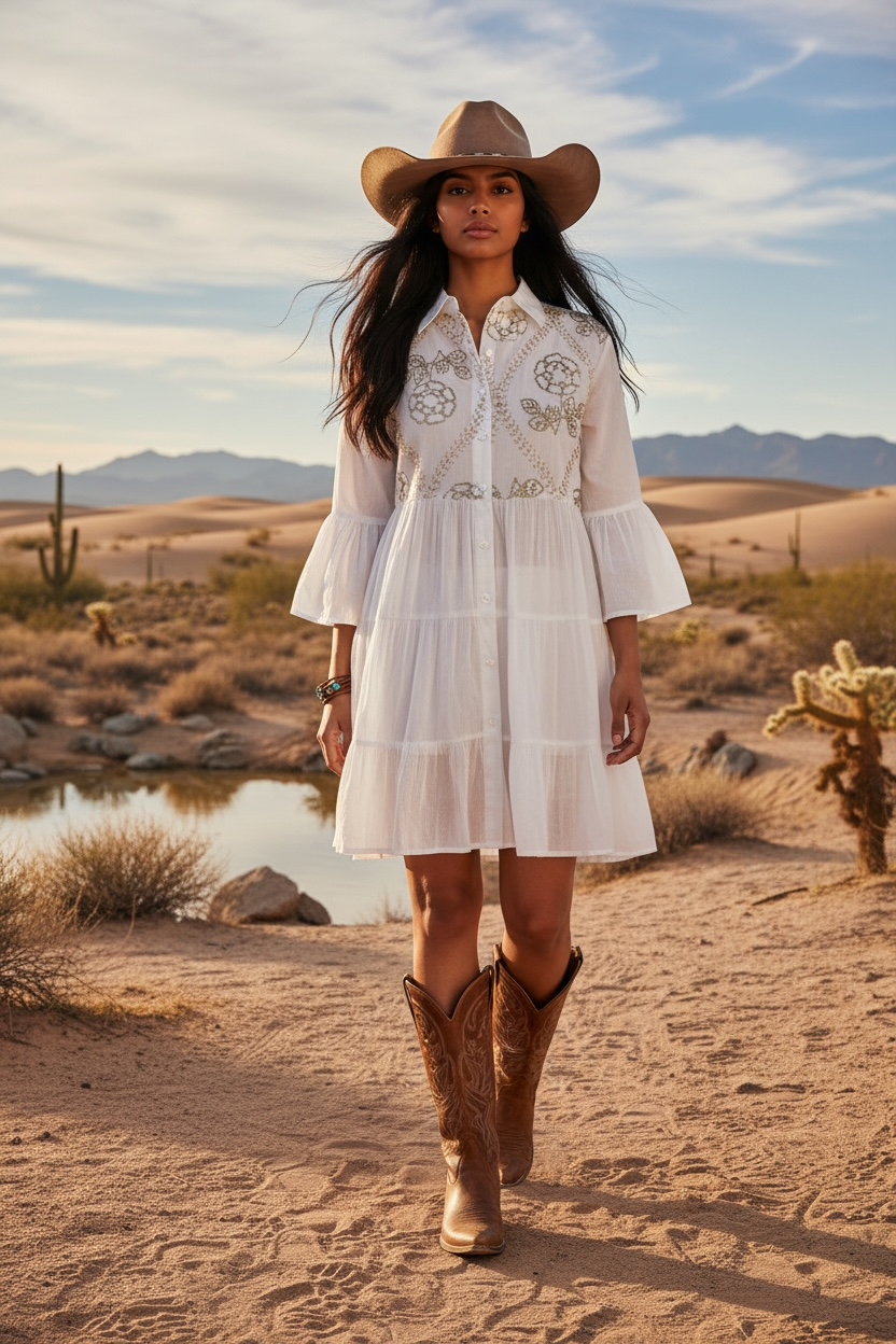 Ivory sequin embroidered western mini dress with a relaxed loose airy fit, tiered skirt, ruffle sleeves, cowboy boots, and hat
