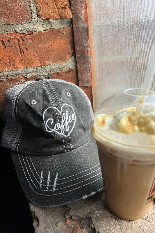 Heart Coffee Embroidered Distressed Trucker (6 Colors)