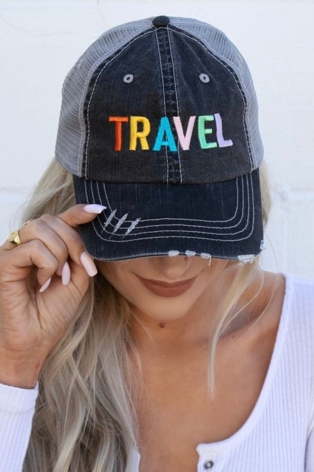 Travel Embroidered Distressed Hat