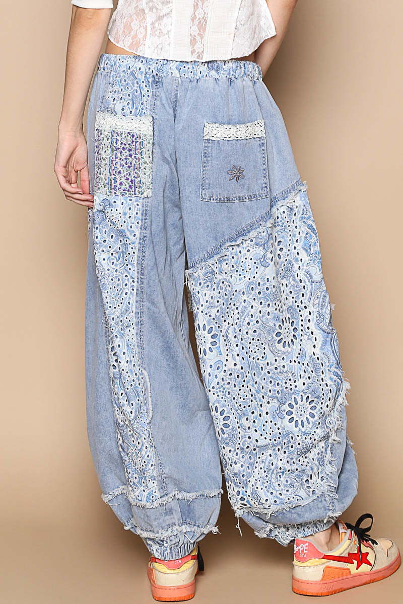 End Game Floral Embroidered Eyelet Patched Denim Joggers