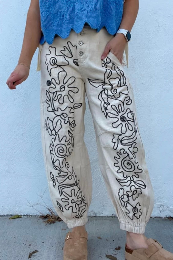 Main Character Soutache Embroidered Flower Doodle Denim Joggers