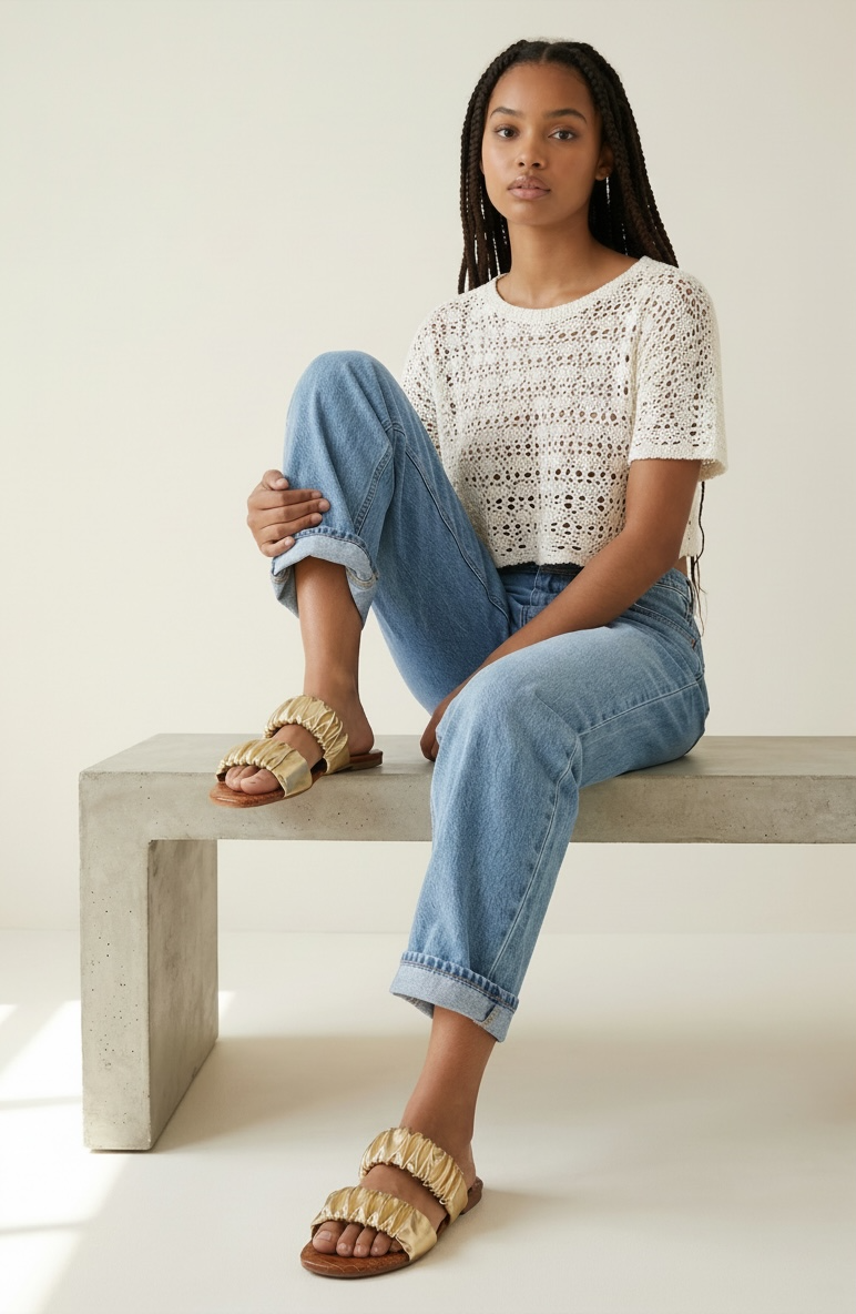 Metallic gold scrunch band flat slide sandals with two straps styled with cuffed denim jeans and a crochet top while seated on a concrete bench