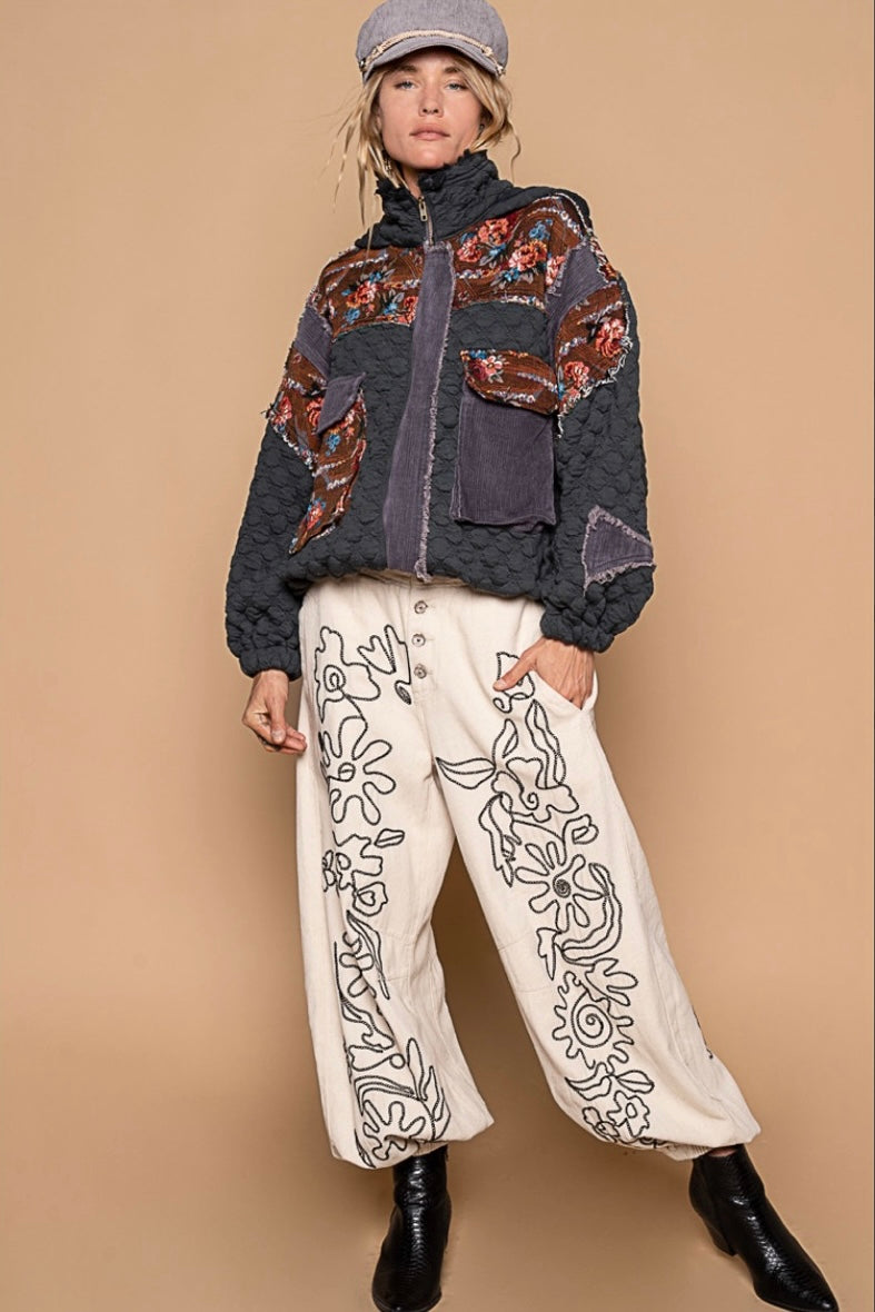 Main Character Soutache Embroidered Flower Doodle Denim Joggers