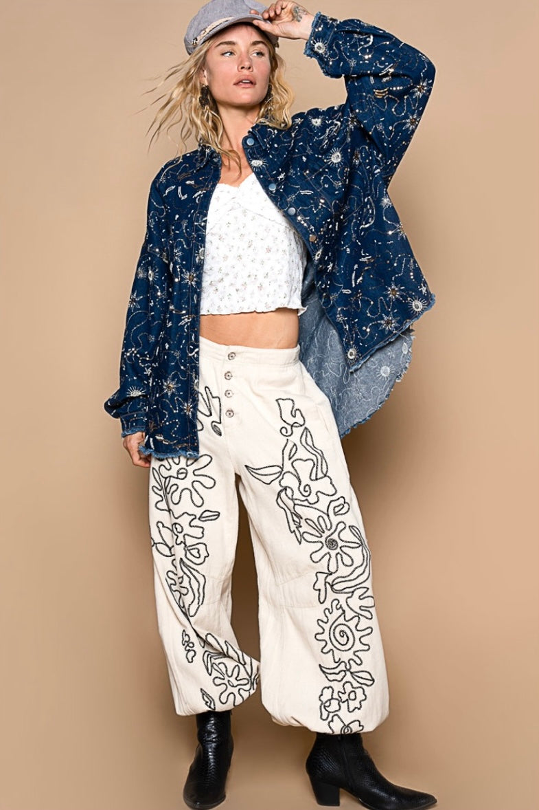 Main Character Soutache Embroidered Flower Doodle Denim Joggers