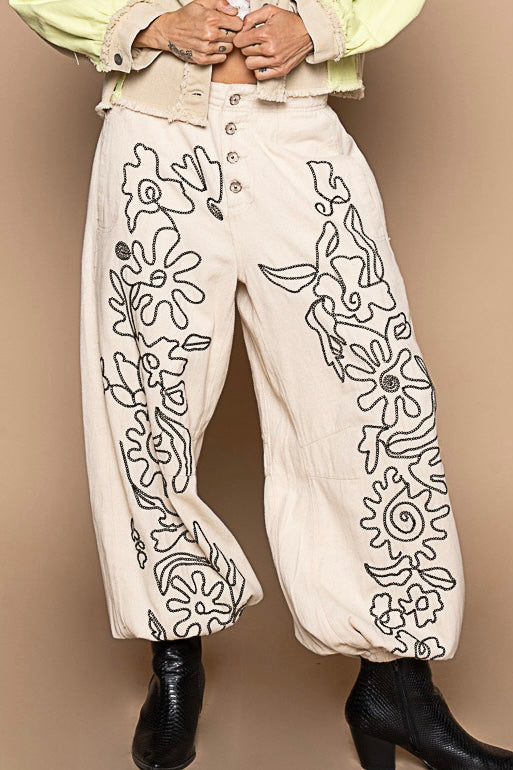 Main Character Soutache Embroidered Flower Doodle Denim Joggers