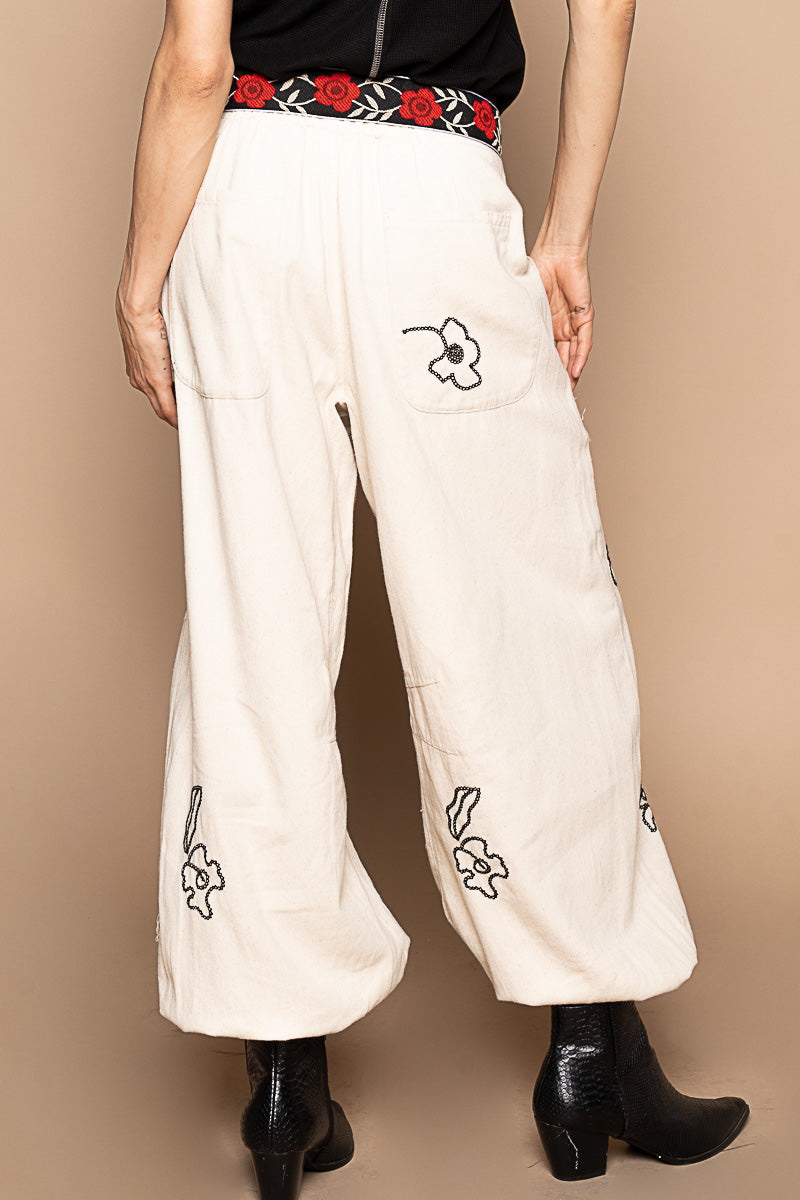 Main Character Soutache Embroidered Flower Doodle Denim Joggers