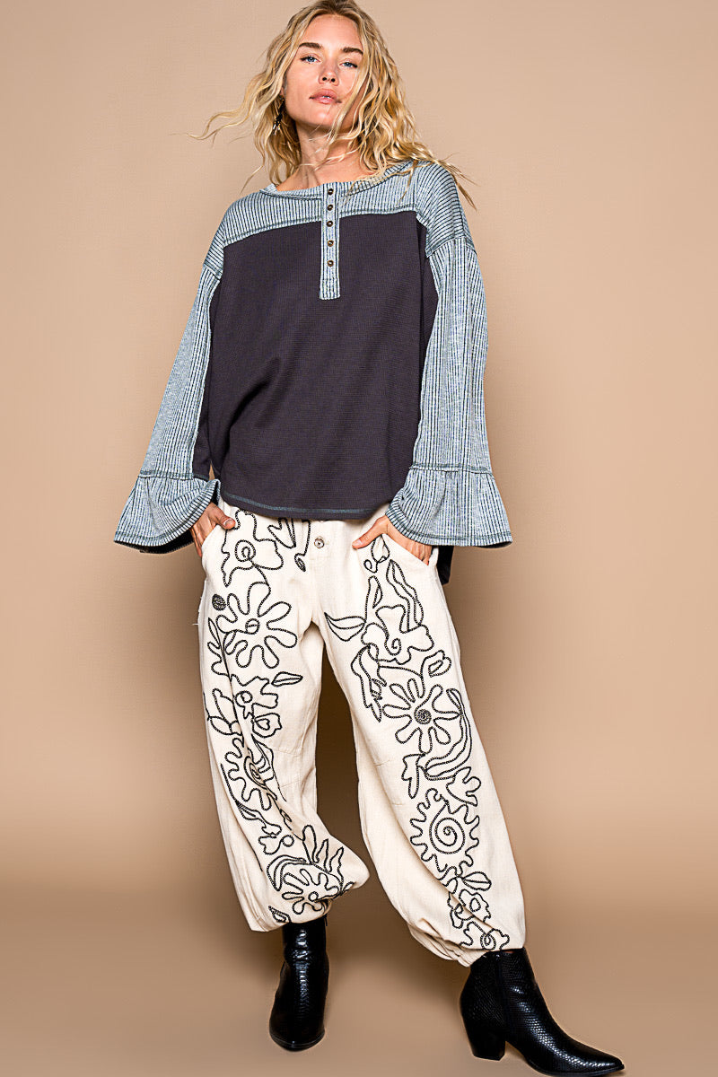 Main Character Soutache Embroidered Flower Doodle Denim Joggers