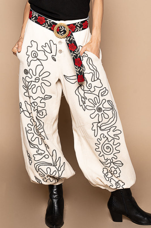 Main Character Soutache Embroidered Flower Doodle Denim Joggers