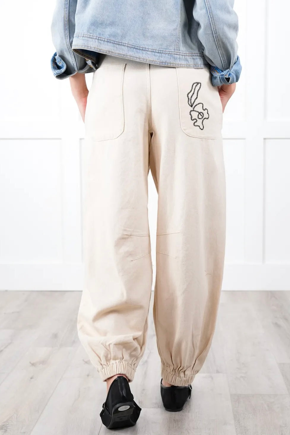 Main Character Soutache Embroidered Flower Doodle Denim Joggers