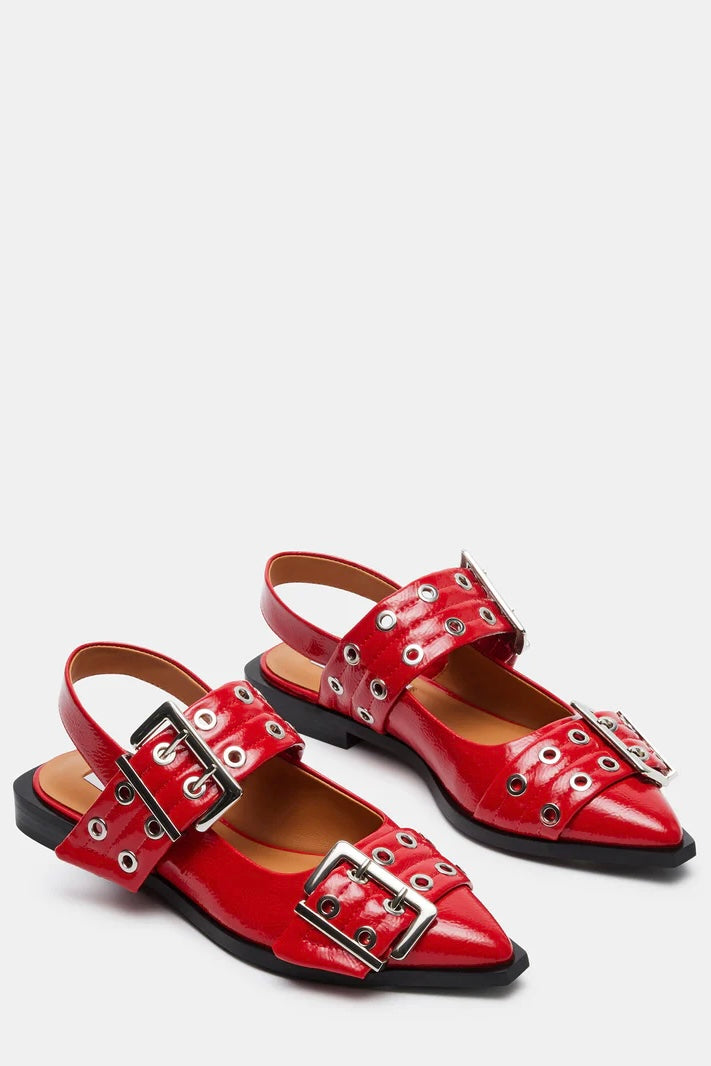 Red Hot Patent Oversized Buckle Slingback Flats