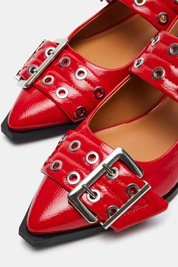 Red Hot Patent Oversized Buckle Slingback Flats